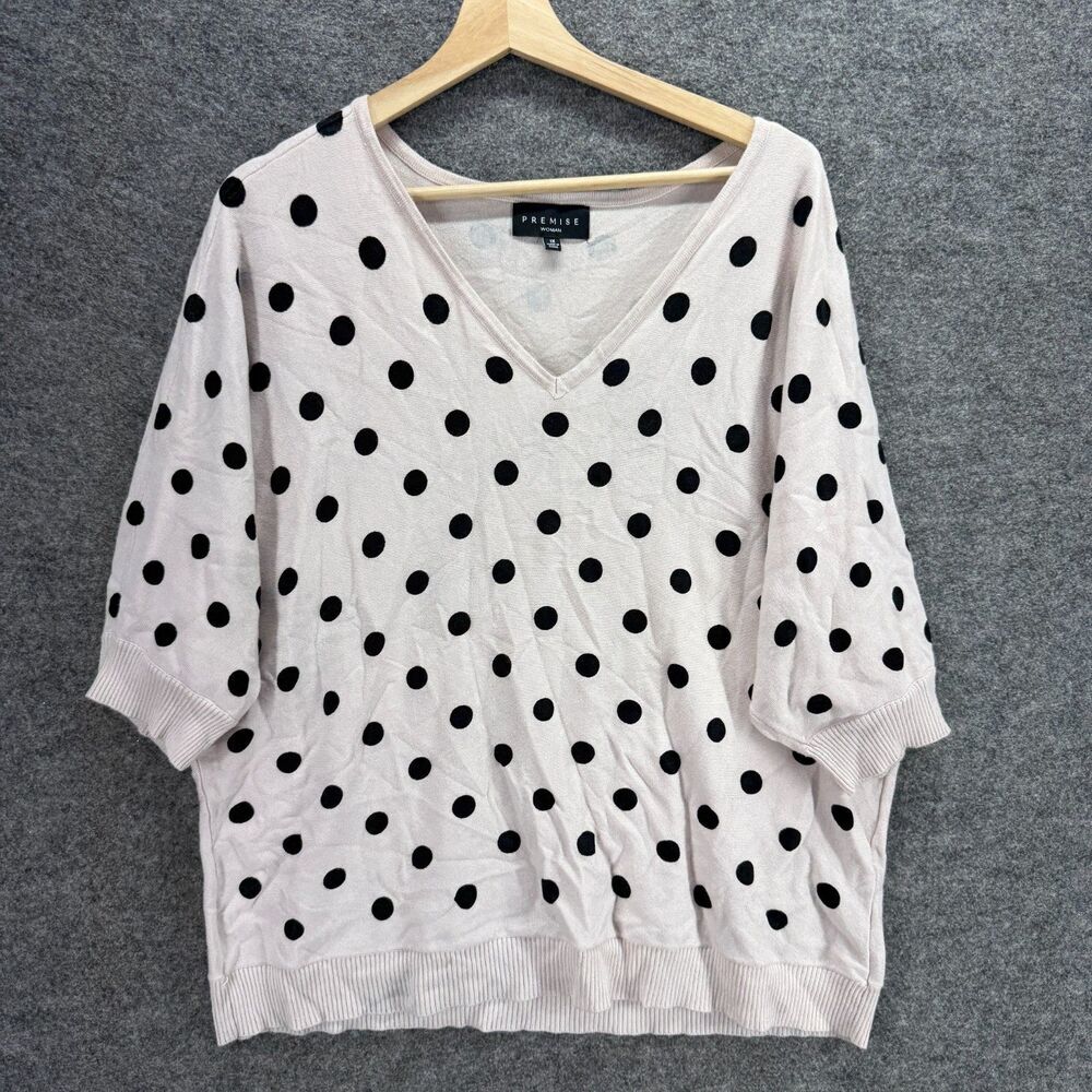 Premise Sweater Pullover Women 1X Plus White Polka Dot V-Neck 3/4 Sleeve Knit